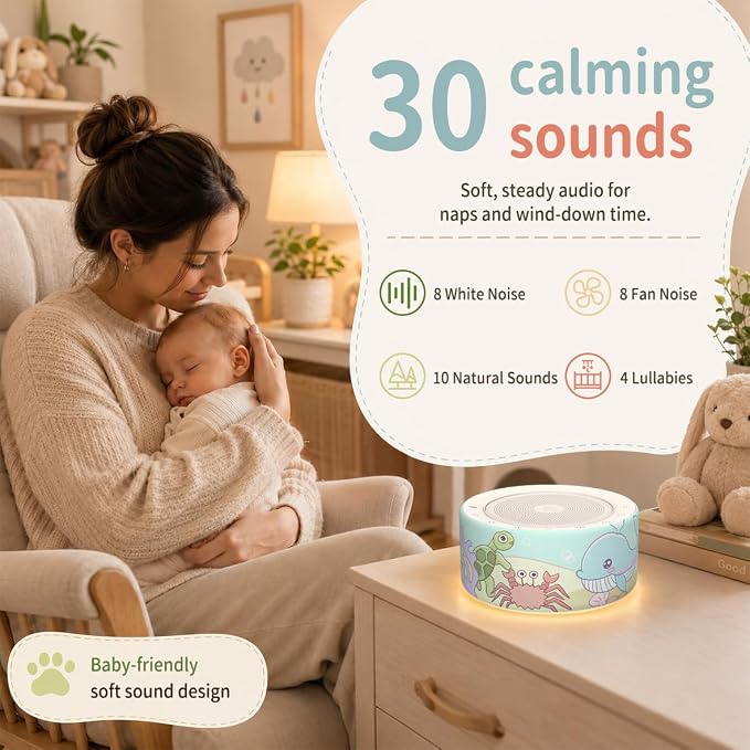 Kipcush White Noise Machine for Baby & Adults, Sleep Sound Machine with 30 Soothing Sounds, 8-Color Night Light, Memory Function, White Noise for Sleeping, Nursery, Office, Travel, Relaxation