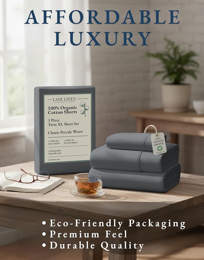 LANE LINEN Twin XL Sheet Set 100% Organic Cotton Cooling Soft - Charcoal | Twin XL Sheet Set, GOTS Certified Organic Cotton Percale - Crisp Hotel-Style Feel, Soft From The First Wash, For Hot Sleepers