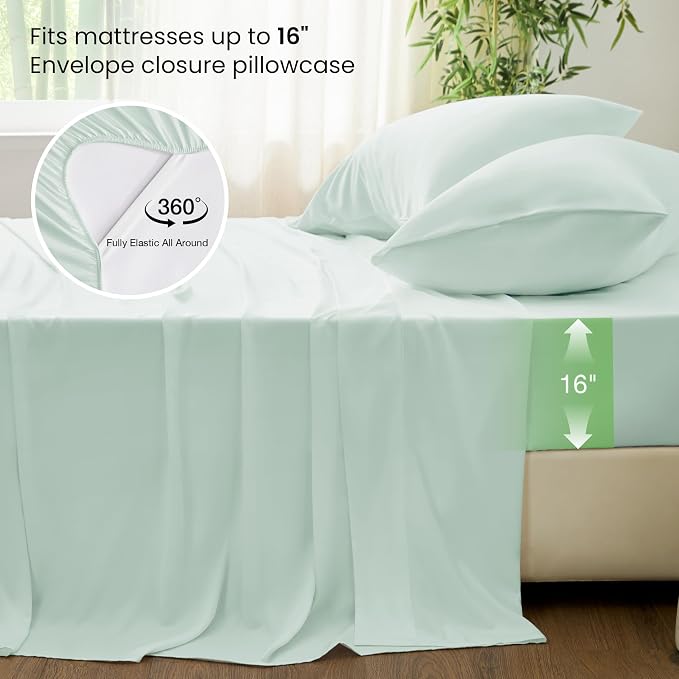Love's cabin 4 Piece Queen Sheet Set, 100% Rayon Derived from Bamboo, Cooling & Breathable, Soft Silky Deep Pocket up to 16", Hotel Luxury Bedding for Hot Sleepers, Sea Glass