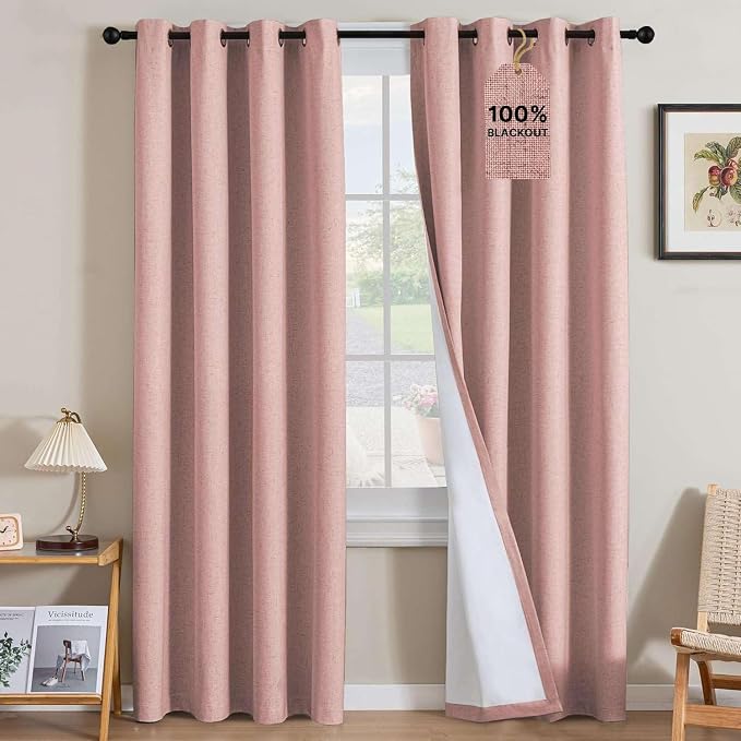 H.VERSAILTEX Linen Curtains 100% Blackout Curtains for Bedroom 90 inch Long Full Light Blocking Nature Linen Blended Window Curtains for Living Room Nickel Grommet (2 Panels, Heathered Baby Pink)