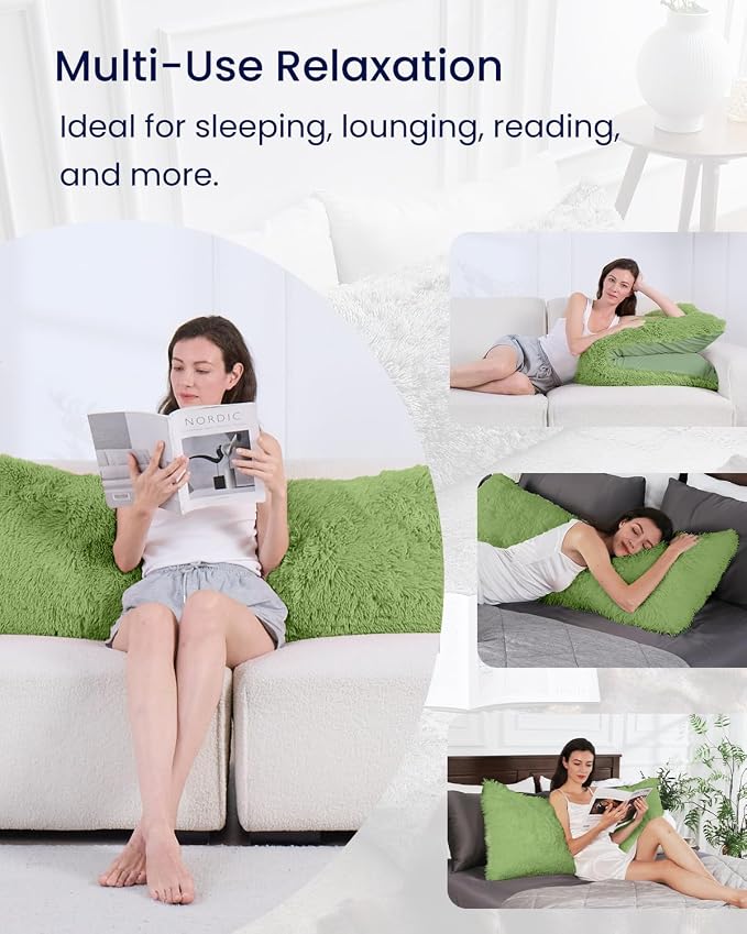 ZonLi Fluffy Body Pillow for Adults, Fuzzy Faux Fur Long Pillow with Shredded Memory Foam, Adjustable Support for Side Sleepers, Gifts, 20 x 54 Inch, Sage Green