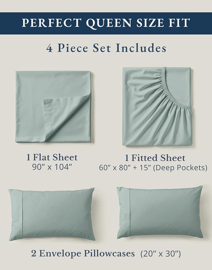 LANE LINEN Queen Bed Sheets 100% Organic Cotton 4pc Percale - French Blue | GOTS Certified Organic Cotton Percale Queen Sheet Set - Naturally Cooling & Lightweight, Cool All Summer, Cozy All Winter