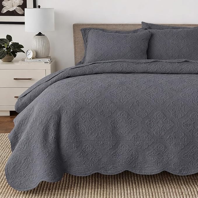 Cozy Line Home Fashions Charcoal Gray Cotton Quilt Set – 3-Piece Solid Textured Quilted Bedspread with Shams, Lightweight All Season Modern Bedding (Blantyre - Grey, Queen - 3 piece)