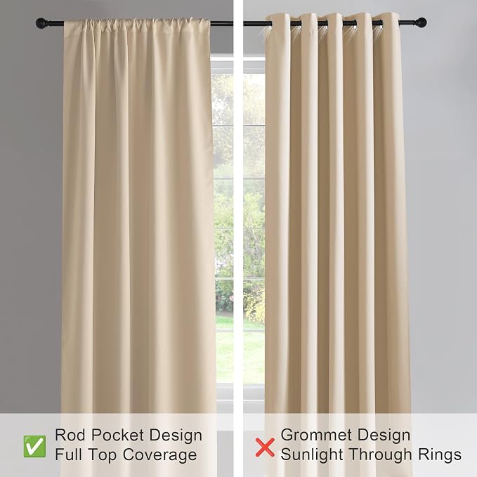 PONY DANCE Blackout Curtains for Bedroom 90 inches Long 2 Panels Set, Thermal Insulated Rod Pocket Black Out Window Drapes, Noise Reducing Window Treatment for Living Room(W42 x L90 inch, Beige)