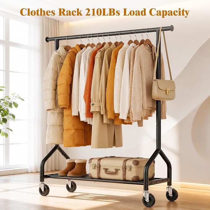 Rolling Clothes Rack with Shelf, Garment Rack Load 210Lbs, Black | Sturdy Bottom Shelf, Lockable Wheels, Heavy Duty, Freestanding Rack, for Bedroom, Laundry, Small Spaces