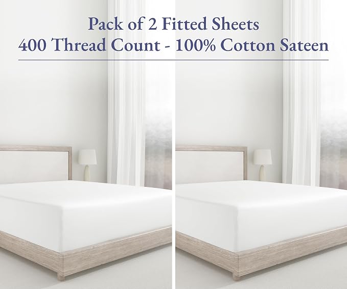 Pack of 2 100% Cotton Sateen Twin Bed Fitted Sheet, Ivory | 2 Fitted Sheets, 400 Thread Count Backed by Good Housekeeping Seal, All-Around Elastic, No-Pop Fit, Durable, OEKO-TEX