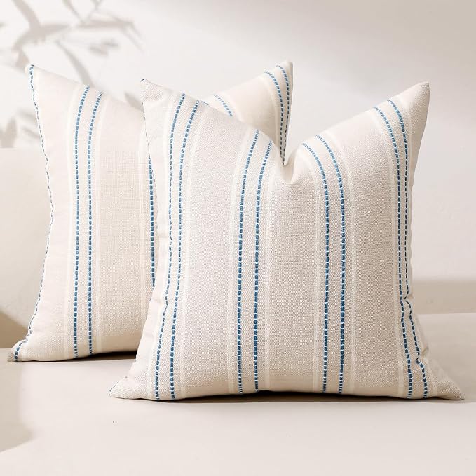 Hckot Striped Throw Pillow Covers 20x20 Set of 2 Lake Blue Pillow Covers | Farmhouse Decorative Pillows Textured Linen Square Cushion Covers for Sofa Couch Bed Living Room Decor(Lake Blue)