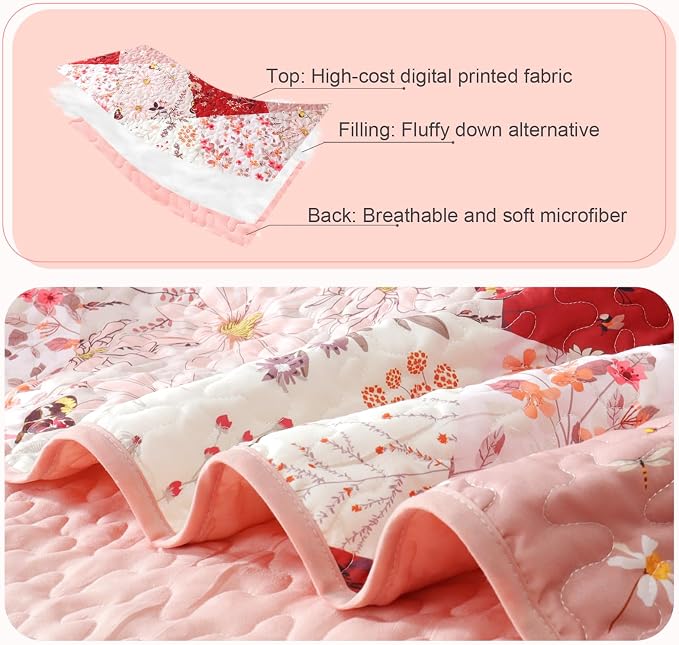 Whale Flotilla Patchwork Quilts Queen Size, Extra Soft Floral Bedspreads | Red Reversible Lightweight Full Queen Quilt Bedding Set for Bed, Printed Coverlets with 2 Pillow Shams for All Seasons