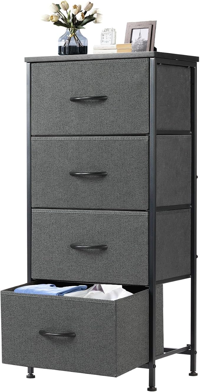 DUMOS Nightstand, Bedside Table with 4 Fabric Drawers | Night Stand with Removable Bins, Steel Frame Wood Top, Small Dresser for Bedroom Closet