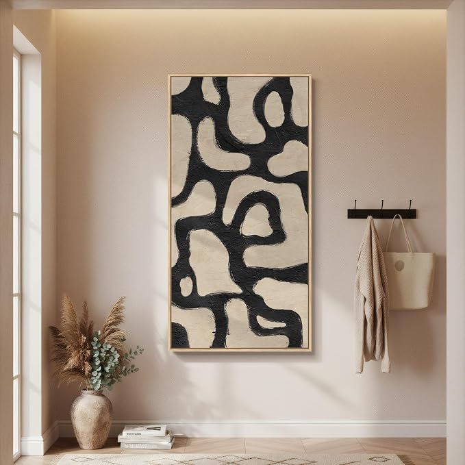 Large Framed Modern Abstract Horizontal Wall Art for Living Room, 60x30 In | Extra Large, Black and beige, Modern, Minimalist, Canvas artwork, Dining room decor, Bedroom art, Office decor, Ready to hang