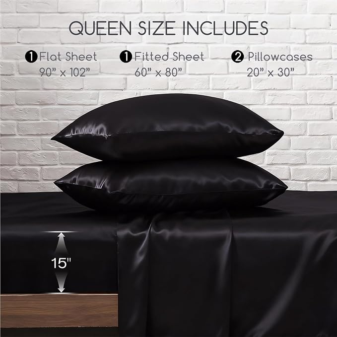MR&HM Satin Sheets Queen Size with Elastic Corner Straps, Black | Similar to Silk, 4-Piece Silky Soft Bed Sheet Set, Gentle on Skin and Hair, 15" Deep Pocket, Cooling & Breathable