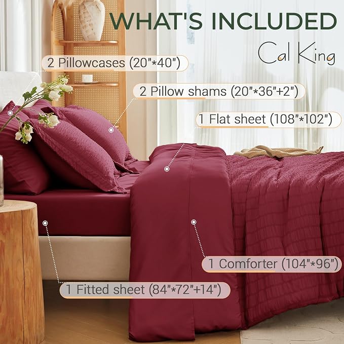 7 Pieces California King Comforter Set, Seersucker Bed in a Bag Cal King Size, All Season Luxury Bedding Set with Comforter, Flat Sheet, Fitted Sheet, Pillowcases & Shams, Burgundy
