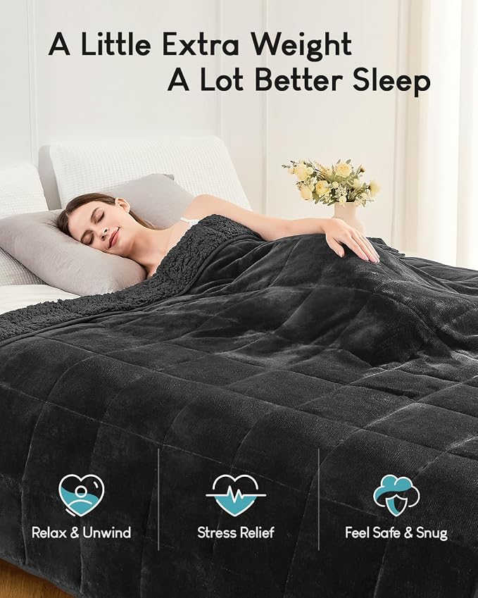 Cottonblue Weighted Blanket 20lbs for Adults Teens Queen Size 60x80in Soft | Cozy Sherpa Fleece Flannel Weighted Blankets Throw for Sleep Calm Relax, Warm Fuzzy Fur Black Heavy Blanket for Bed Couch