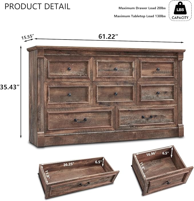 Aitjunz Farmhouse 61" Wide 8 Drawers Dresser for Bedroom, Light Brown | Chests of Drawers w/Roman Column, Large Storage Dressers Organizer w/2 Different Drawer Sizes for Bedroom,Living Room