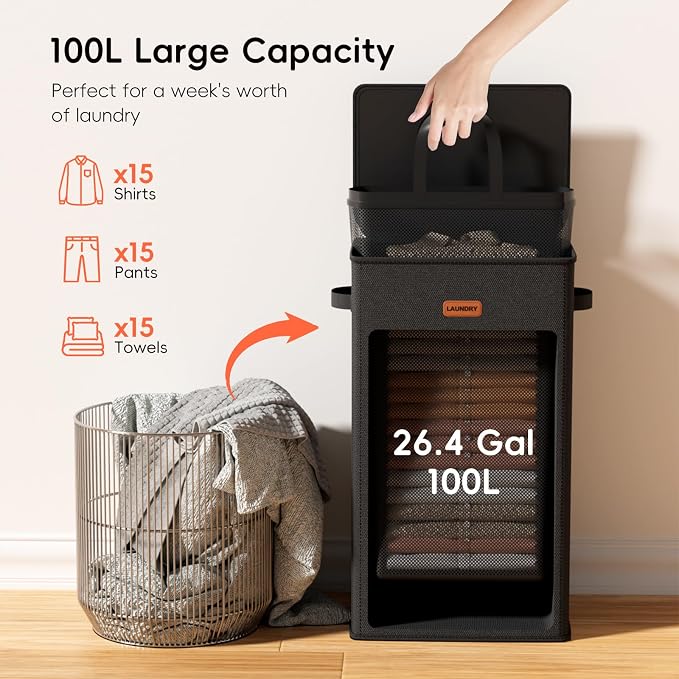 100L Laundry Hamper with Lid, Large Clothes Hampers with Removable Bag, Collapsible Laundry Basket for Bathroom, Bedroom, Laundry Room, Dorm, Black