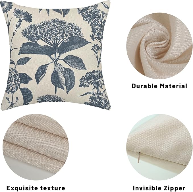 Navy Blue Pillow Covers 20x20 Inch 2 Pcs Boho Vintage Floral Decor Throw Pillows Hydrangea Flower Seasonal Outdoor Farmhouse Neutral Accent Decoration Pillowcase Linen Cushion Cover for Couch