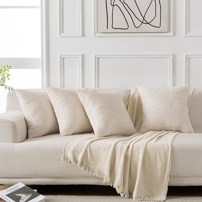 Volcanics Set of 4 Beige Cream Corduroy Couch Throw Pillow Covers 18x18 in | Decorative Modern Double-Sided Striped Cushion Cases, Soft Boho Square Accent Pillow Covers, Mix and Match for Home Decor