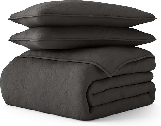 Merit Linens Classic Quilt Coverlet Soft Set in Damask Stitching - Full/Queen Gray