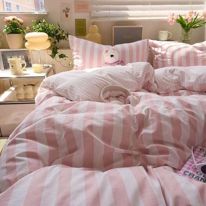 LifeTB Peach Pink Striped Comforter Set Queen, 3 Piece Vintage Stripes Pattern Printed Bedding Set, Breathable Soft Farmhouse Striped Bedding Comforter Queen, Cozy Lightweight Pink Comforter Set