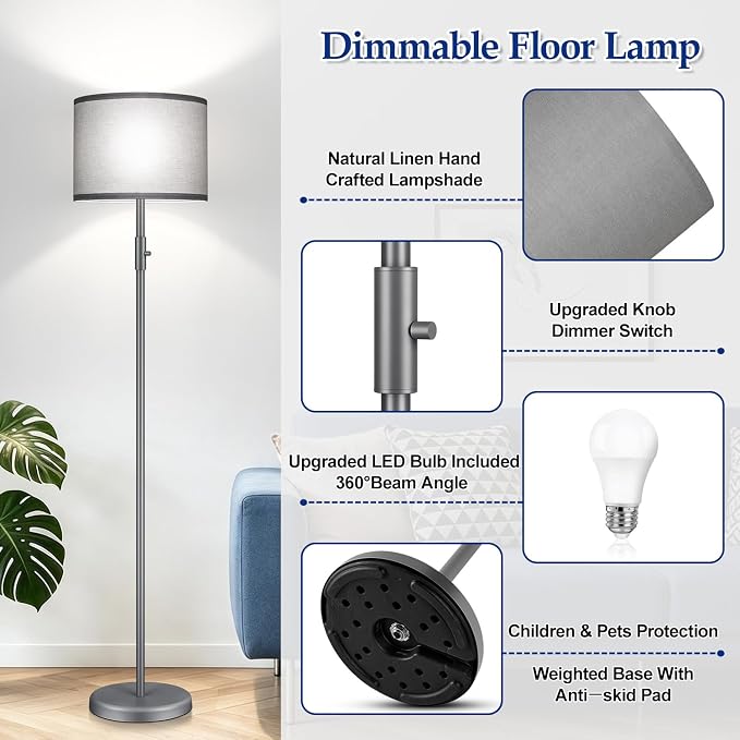 Floor Lamp Simple Design with Shade, Small Tall Lamps for Living Room Bedroom Office Dining Room Kitchen-Grey