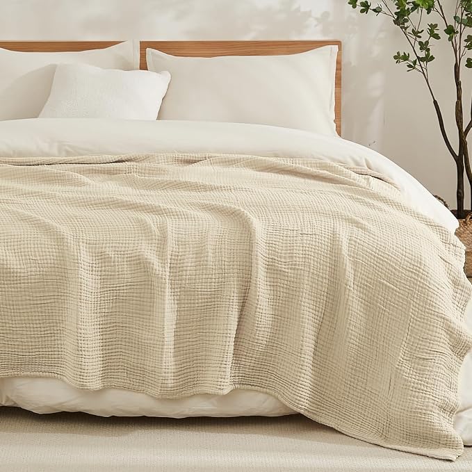 EMME Muslin Blankets for Adults Throw Blanket for Couch Breathable Gauze Soft Lightweight Airy Beige Super King 120" x 94"