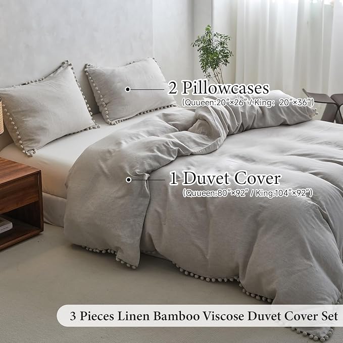 Simple&Opulence French Linen Blended Duvet Cover King, Flax Viscose Derived from Bamboo Bedding Set with Pom Pom Trim Soft Cooling for Hot Sleepers, 1 Boho Comforter Cover and 2 Pillow Shams, Linen