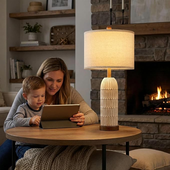 OYEARS 26.5" Bedside Table Lamps Set of 2, Farmhouse Table Lamp with USB A+C Charging Ports,Vintage Nightstand Lamp for Bedrooms and Living Rooms, Retro Resin End Table Lamp with Linen Shade, Brown