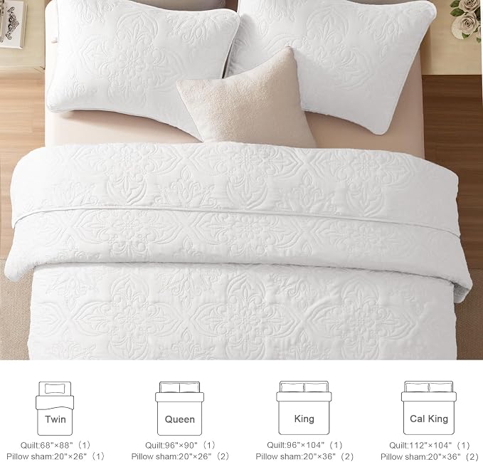 Whale Flotilla King Quilt Bedding Set Vintage Damask Reversible Bedspread | Suitable for Bed, 3 Pieces White Lightweight Breathable Quilt King Size, Ultrasonic Coverlet Bed Cover with 2 Pillow Shams