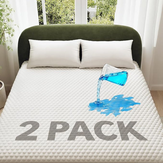 OhGeni 100% Waterproof Mattress Protector, Fitted Sheet,Full-2 Pack with Stretchable Pockets, Deep Sleep Noiseless Soft. Cooling Fitted Sheets,Washable Bed Cover Over 99 Count Hex Bumps