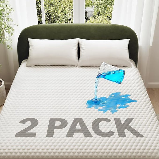 Ohgeni 100% Waterproof Mattress Protector, Queen Size-2 Pack, Fitted Sheet with Stretchable Pockets, Deep Sleep Noiseless Soft. Cooling Fitted Sheets,Washable Bed Cover Over 99 Count Hex Bumps