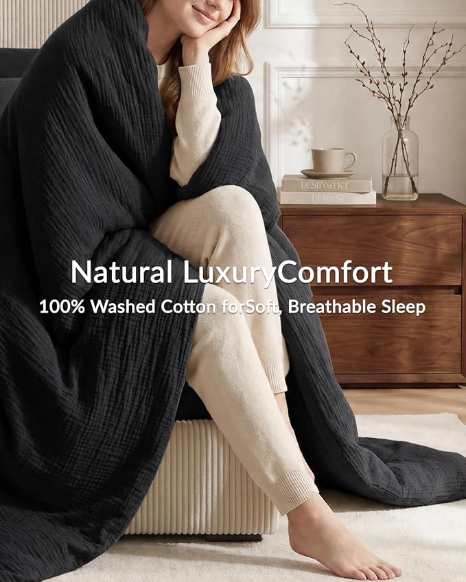 SE SOFTEXLY Muslin Duvet Cover King Size, 100% Washed Cotton Duvet Cover Set, Ultra Soft Comforter Cover Linen Like, 3 Pieces Minimalist Gauze Duvet Cover with 2 Pillowcases, 90"x104", Black