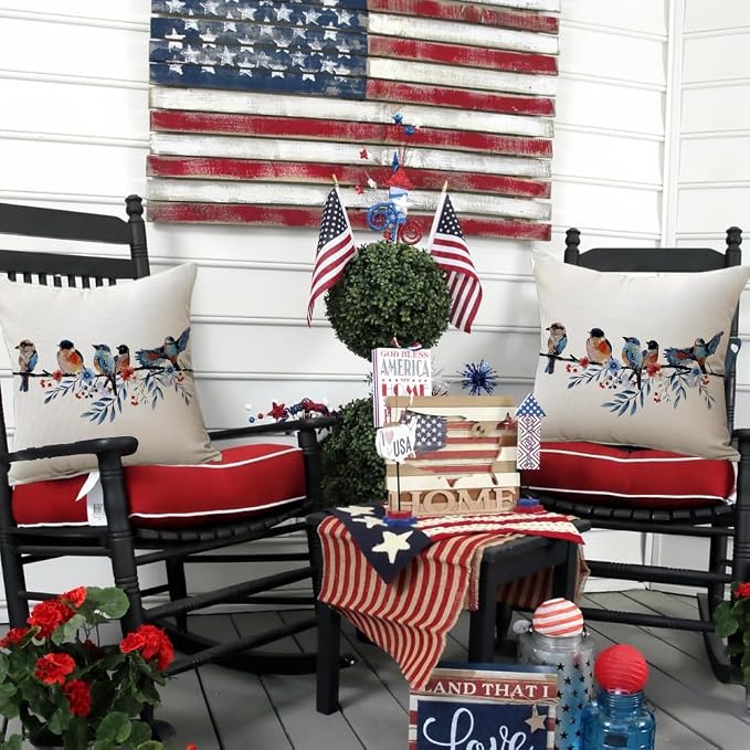RABUSOFA 4th of July Memorial Day Patriotic Throw Pillow Cover,18x18 Inch Red White and Blue Birds Flowers Independence Day American Fourth of July Decoration for Sofa Couch
