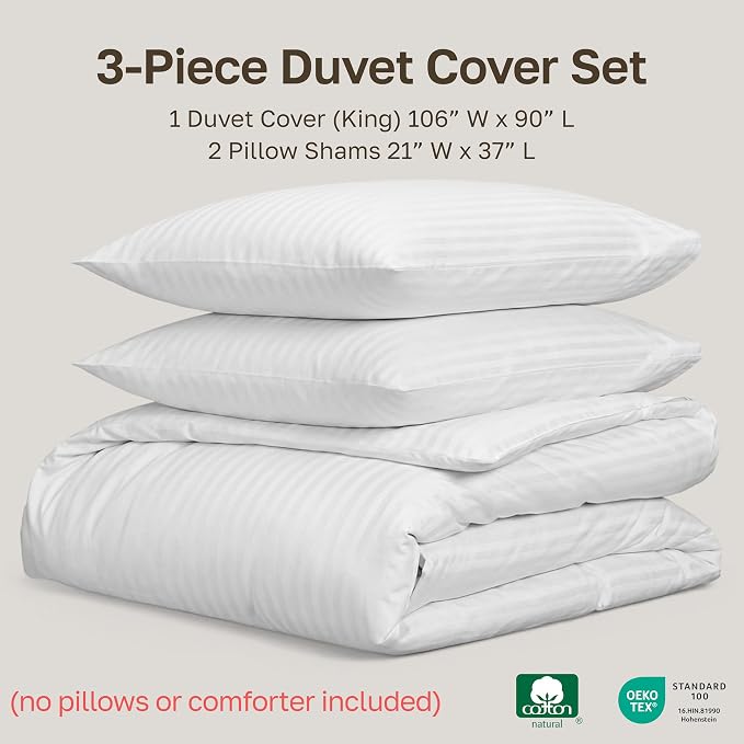 California Design Den Luxury Duvet Cover Set King, Striped White | Soft 400 Thread Count 100% Cotton Sateen Backed by GH Seal, Duvet Cover & Pillow Sham 3 Pc Set, Button Closure & Corner Ties