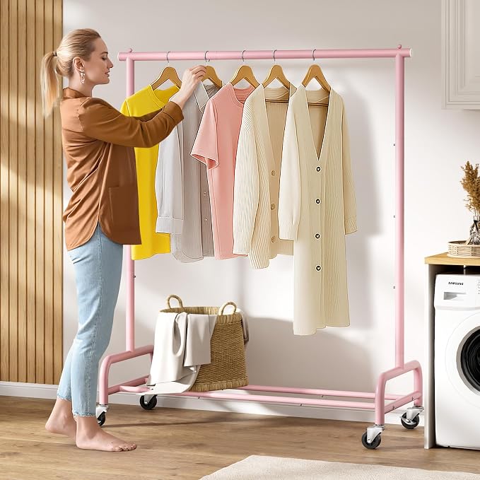 SLEEPING LAMB Heavy Duty Clothing Racks for Hanging Clothes Rack, 43" Wide Rolling Garment Rack Metal Clothing Hanger Rack with Wheels Wardrobe Rack for Coats, Shirts, Dress (Pink)