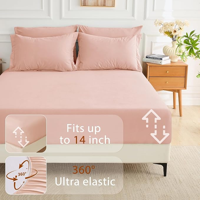 7 Pieces California King Comforter Set, Soft Bed in a Bag Cal King Size, All Season Bedding Set with Comforter, Flat Sheet, Fitted Sheet, Pillowcases & Shams, Rose Gold
