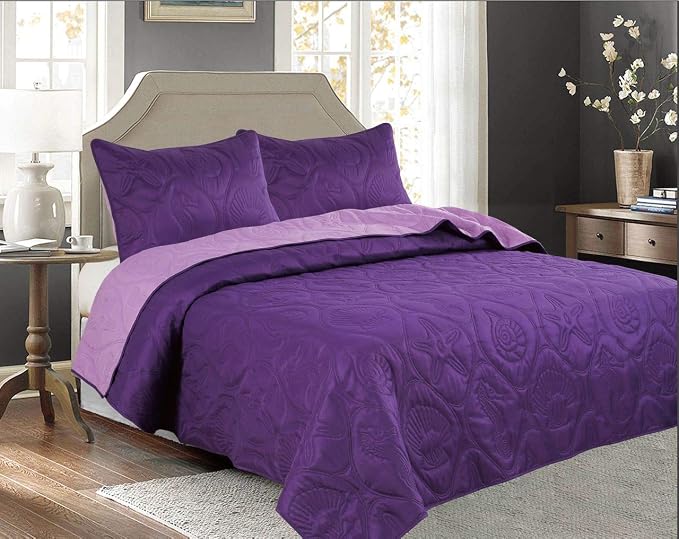 Legacy Decor 3 PCS Shell & Seahorse Bedspread Quilt,Purple, King Size | Reversible, All Season, Coverlet Oversize, Purple Color, King Size, Shell & Seahorse Pattern, 3 PCS Set