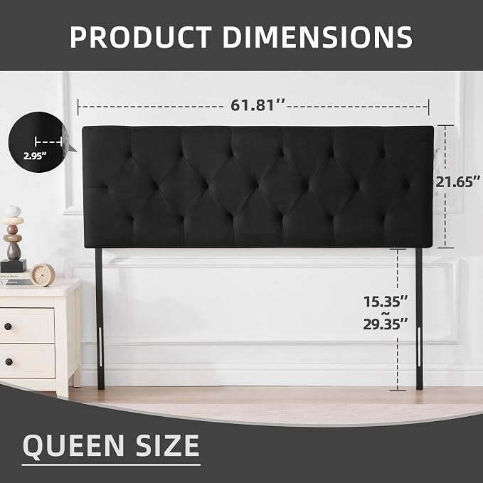 Linen Headboard Queen Size Only, Adjustable Height 37-51 in, Black | Diamond Tufting Solid Wood Queen Headboards, Durable Metal Legs, Upholstered Queen Head Board for Bed Frame, Modern Fabric