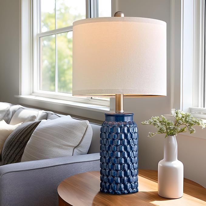 USumkky 20.5 inches Modern Ceramic Dark Blue Bedside Lamp Set of 2 for Bedroom Decor Farmhouse Table Lamp for Living Room Office Dorm