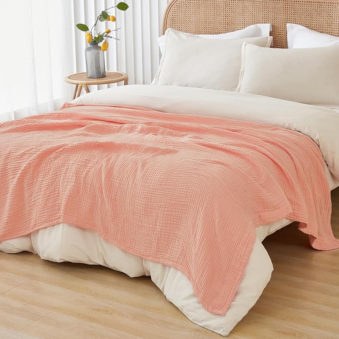EMME Muslin Blankets for Adults Throw Blanket for Couch Breathable Gauze Soft Lightweight Airy Pink Throw 50" x 60"