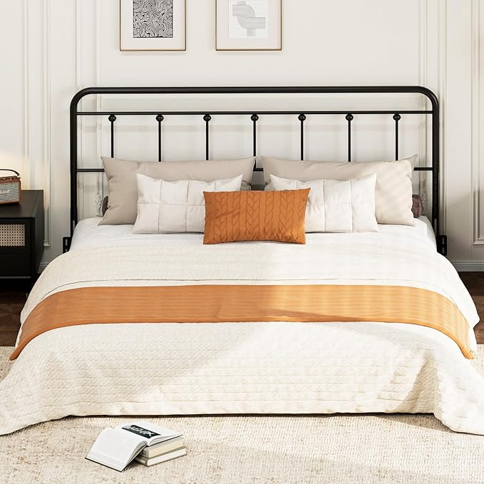 Victorian Metal King Size Headboard Only, Black | 34"-44.6" Adjustable Height, Steel King Head Board with Bed Frame Brackets Adapter, Easy Assembly, Farmhouse Vintage Style