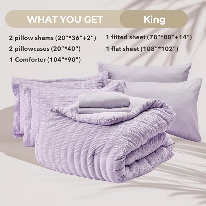 HYMOKEGE Lavender King Size Comforter Set Seersucker 7 Pieces, All Season Luxury Bed in a Bag for Bedroom, Bedding Set with Comforters, Sheets, Pillowcases & Shams