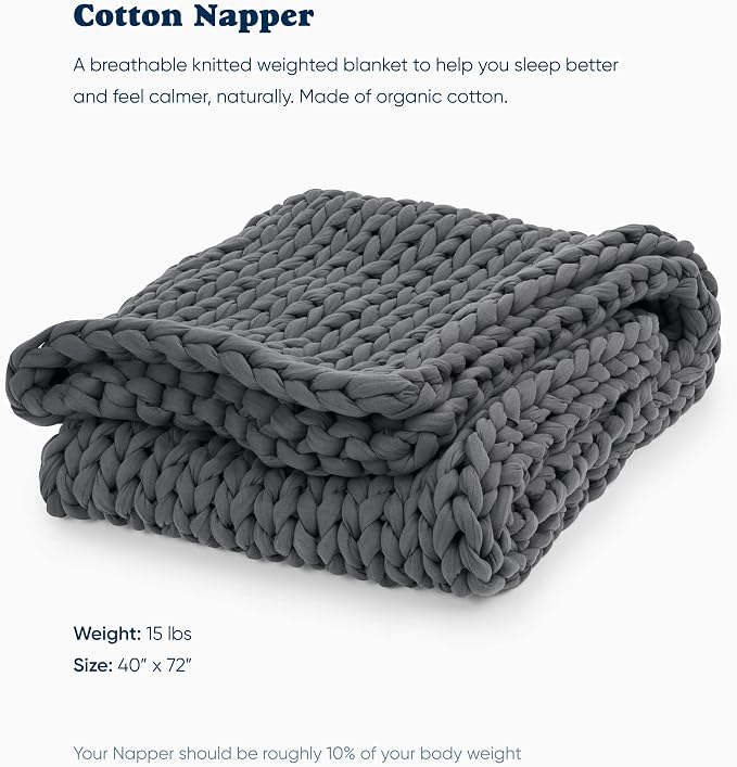 Cotton Hand-Knit Weighted Blankets for Adults - Chunky Knit Blanket - Sustainable, Breathable, Organic, Cooling Weighted Blanket - Machine Washable (Asteroid Grey, 15 lbs, 40"x72")