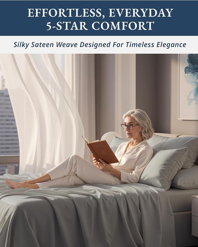 LANE LINEN Full Size Sheets Cotton 100% Egyptian Cotton Sateen - Silver | Deep Pocket Full Size Sheets Set - 4-Piece Set, For A Luxurious Night's Sleep, For A Silky Hotel-Style Bed, Elegant