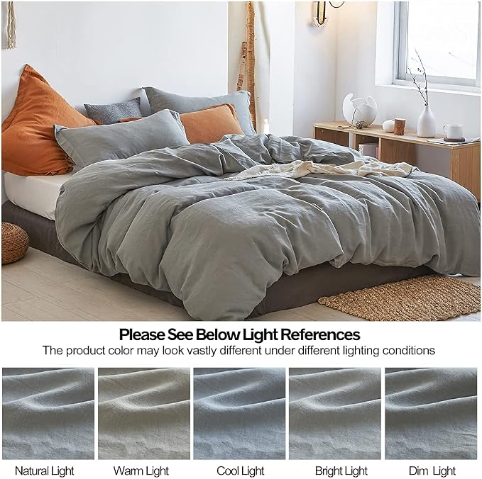 Simple&Opulence 100% Linen Duvet Cover Set 3pcs Basic Style Natural French Washed Flax Solid Color Soft Breathable Farmhouse Bedding with Button Closure - Ultimate Grey, Queen
