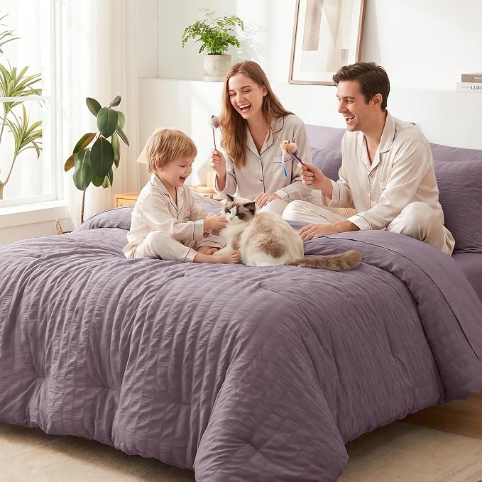 King Comforter Set, 7 Pieces Dusty Purple Seersucker Bed in a Bag | OEKO-TEX Certified, All Season Bedding Set with 240 GSM Down Alternative Comforter, Flat & Fitted Sheets, Pillowcases & Shams