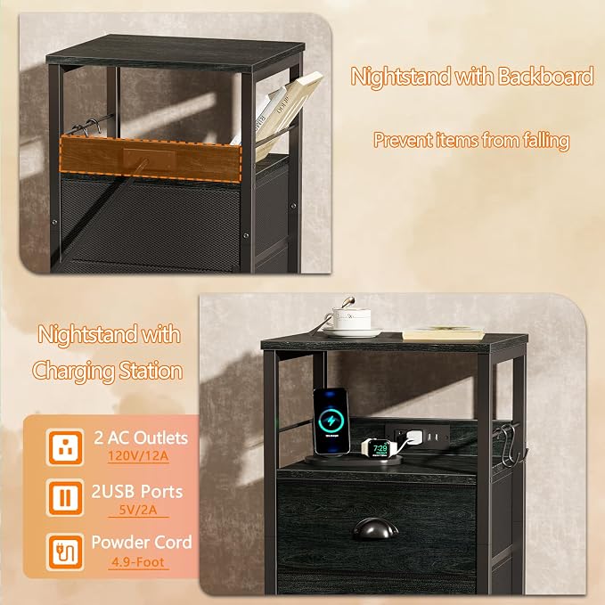 Nightstand with Charging Station for Bedroom, 2 Fabric Drawers, Black Oak | Night Stand with USB Ports & Outlets, Side Table with Storage Shelf & Hooks, Industrial End Table, for Living Room, Dorm