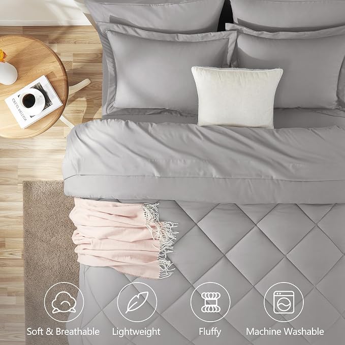 Queen Comforter Set French Grey - 7 Pieces Complete Bedding Set | OEKO-TEX Certified, All Season, 240GSM Down-Alternative Comforter, Sheets, Pillowcases & Shams, 14" Deep Pocket, Easy Care