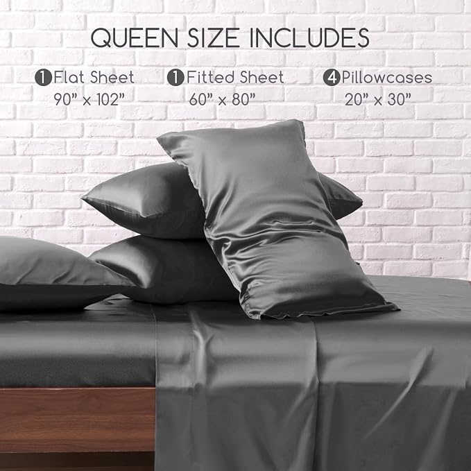 MR&HM Satin Sheets Queen Size with Elastic Corner Straps, Dark Grey | Similar to Silk, 6-Piece Silky Soft Bed Sheet Set, Gentle on Skin and Hair, 15" Deep Pocket, Cooling & Breathable