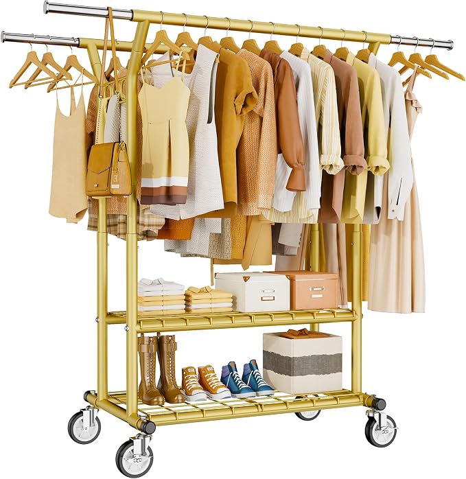 HYSEYY Heavy Duty Clothes Rack, Rolling Clothing Racks With Shelves Load 620 LBS, Double Rod Clothing Racks for Hanging Clothes, Portable& Adjustable Clothes Rack with Wheels Garment Rack,Gold