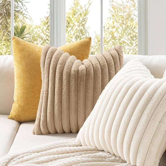 MIULEE Faux Fur Decorative Throw Pillow Covers 20x20 Set of 2 Beige | Cream White Modern Soft Plush Couch Pillows, Cozy Fluffy Cushion Covers for Sofa Bed Living Room Home Decor